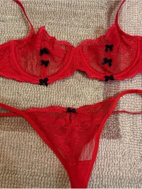 Adore Me Red Lace Underwire Bra & Thong Set with Black Bow Accents 34A  Small